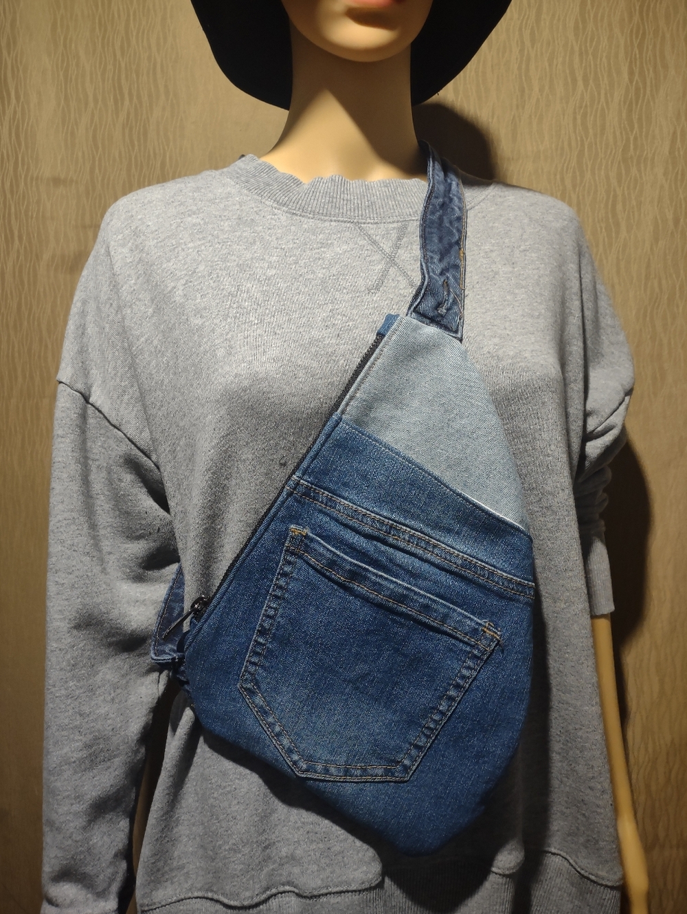 Handmade Upcycled Denim Patchwork Crossbody Sling Bag in Blue